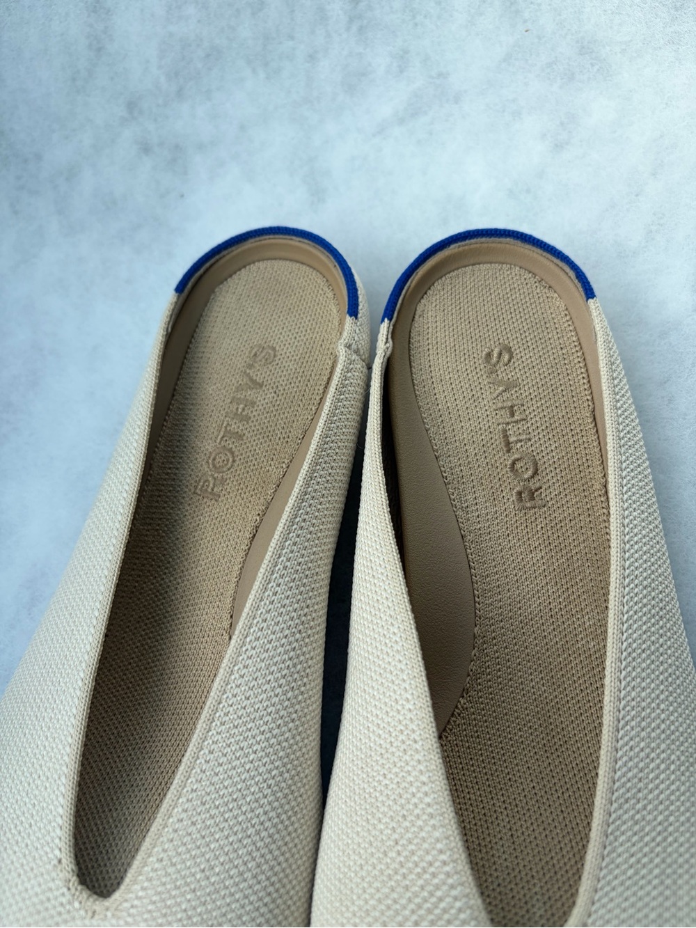 Rothy's Cream Pointed Knit Mule with Blue Trim - Picture 3 of 7